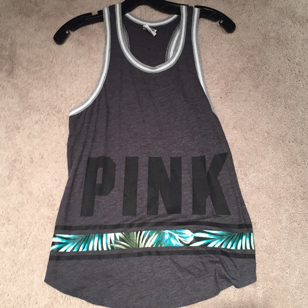 Gray muscle tank, with tropical accents